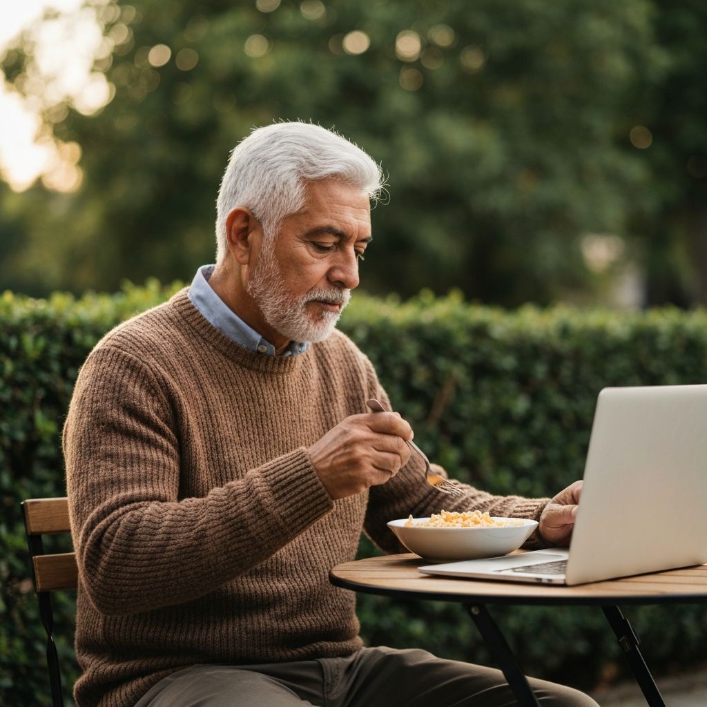 Persona en pausa de trabajo con comida sencilla
